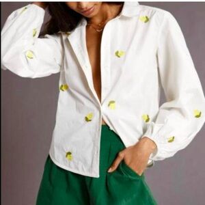 NWT Maeve by Anthropologie White Shirt Embroidered Lemons Balloon Sleeves Small